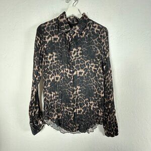 Cino Womens Medium Animal Print Pleated Button-Up Blouse Long Sleeve Black Tan